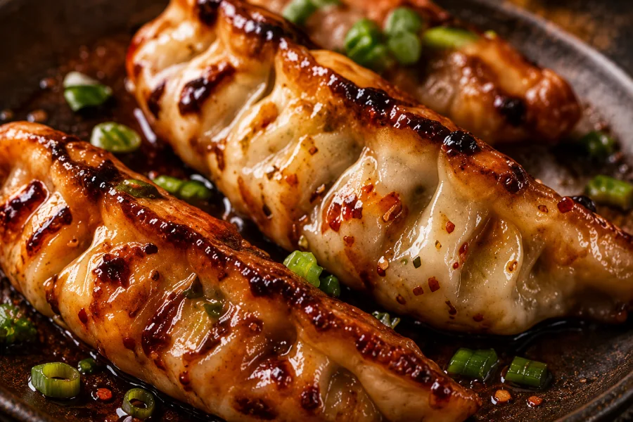 Jerk chicken dumplings with caramelized glaze