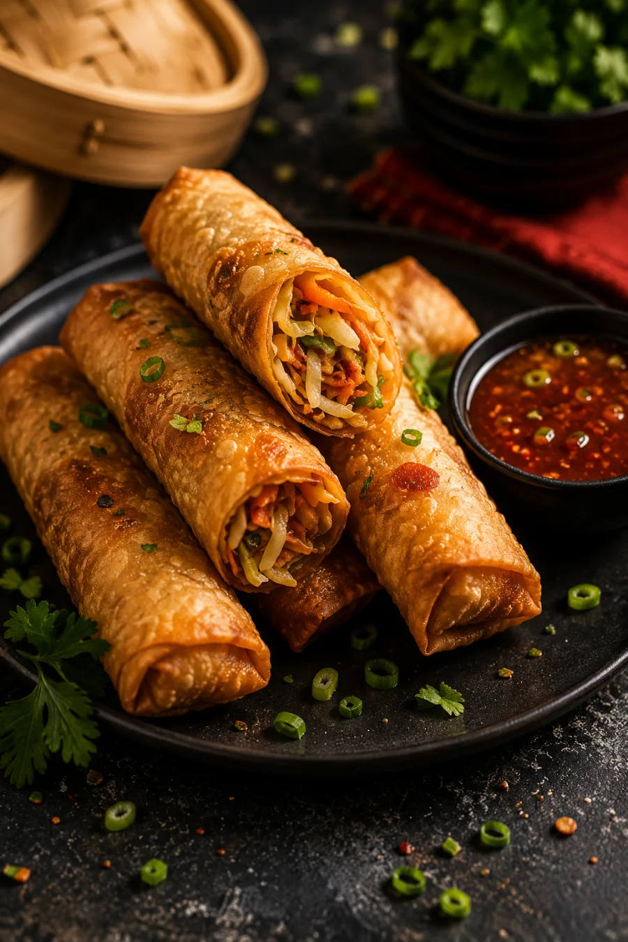 Crispy golden rolls with dipping sauce